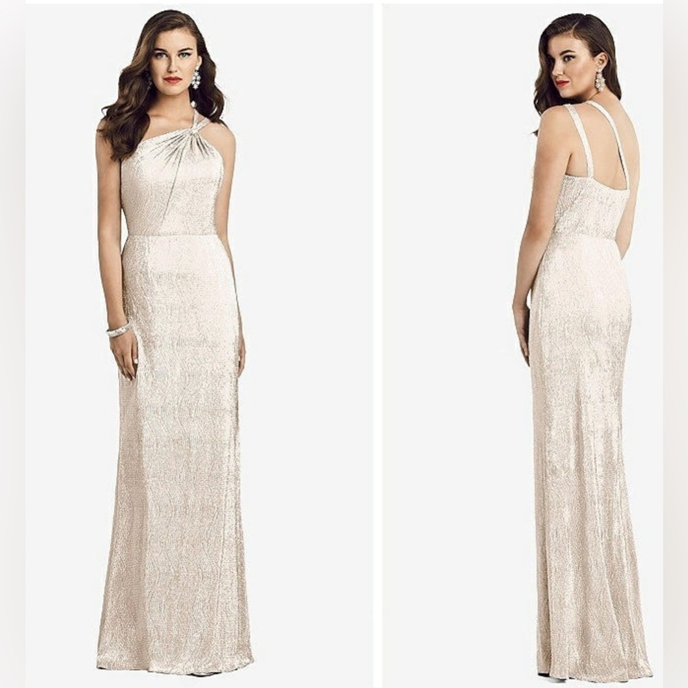 NWT Dessy Collection Silver Pink Sparkly One Shoulder Formal Gown Evening Dress